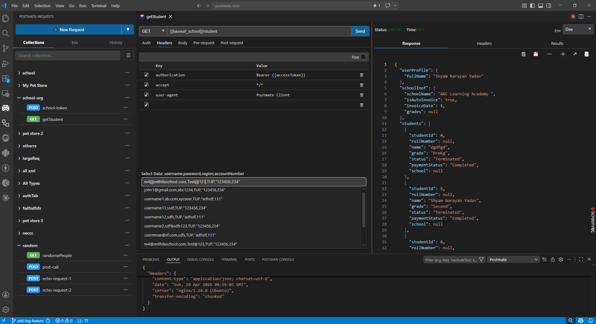 Postmate Client API Response in VS Code