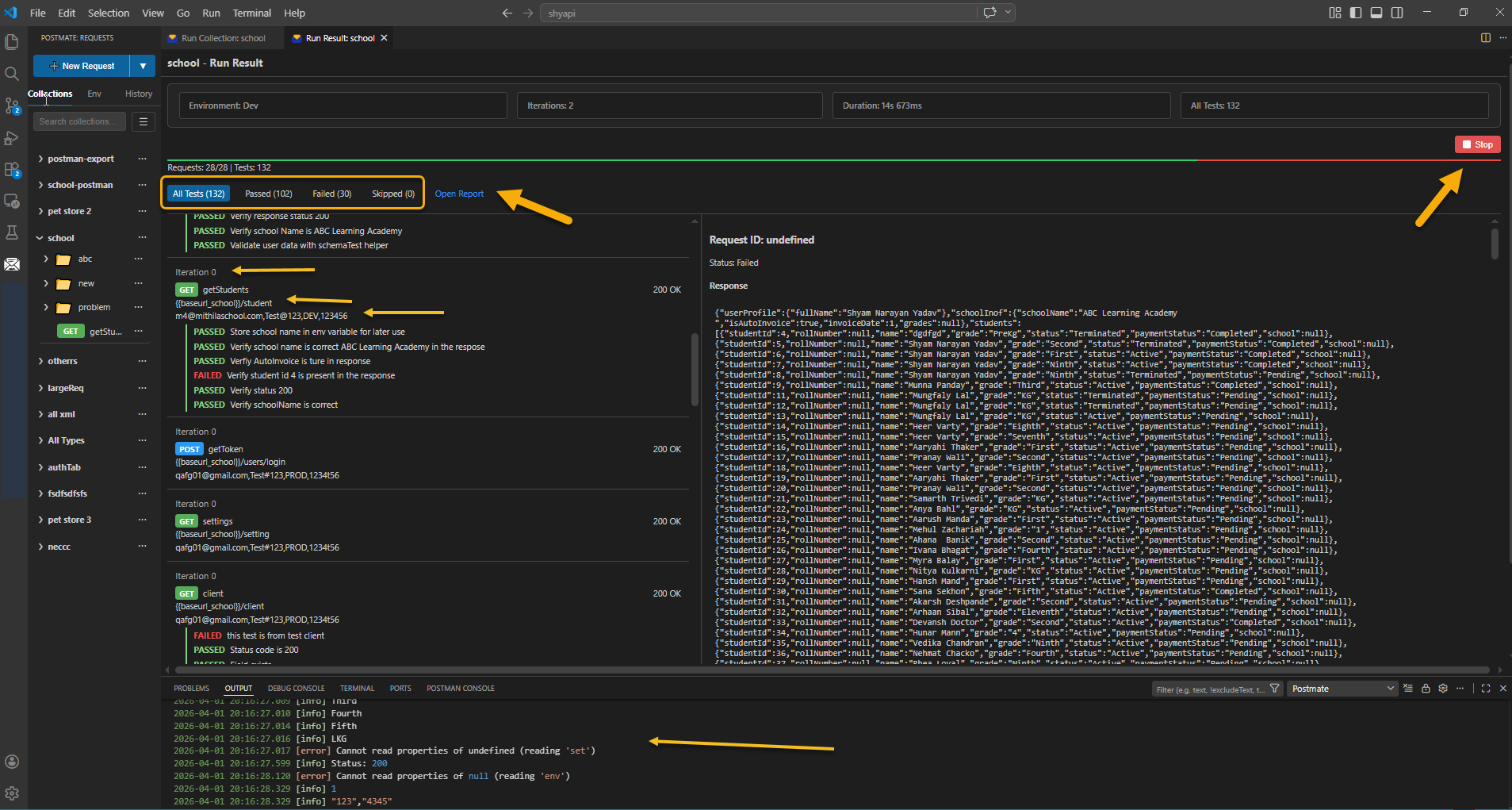 API collection runner results in VS Code showing pass fail stats and execution details