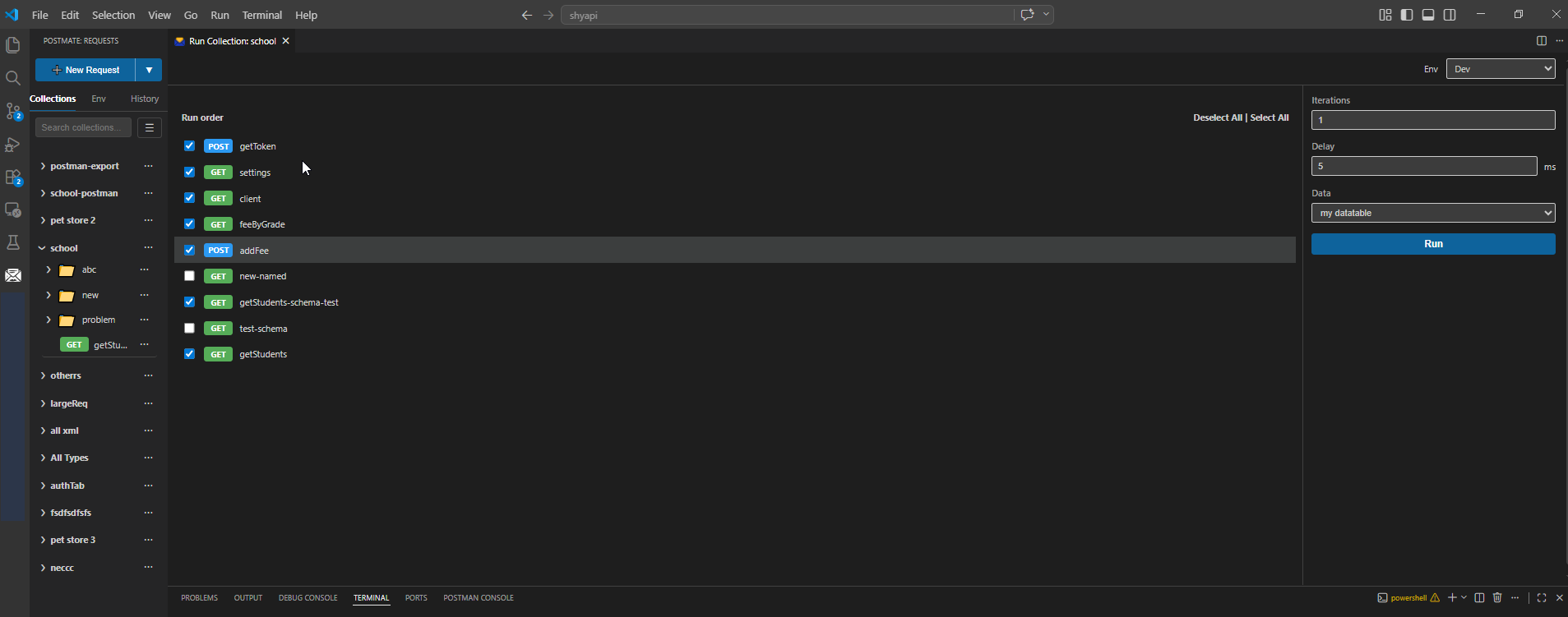 Run Collection setup panel showing request list, environment, iterations, delay and data settings