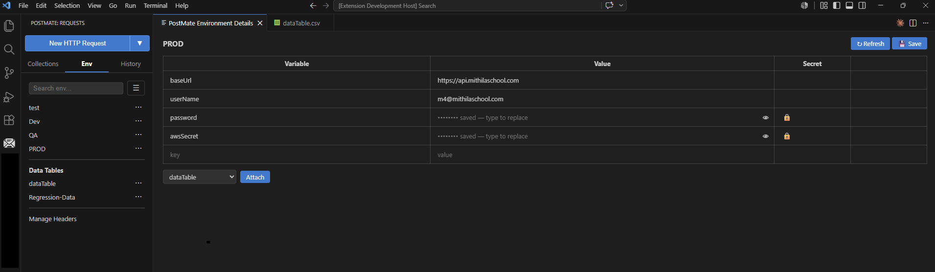 Secret variables with masked values and lock icons in Postmate Client env panel — Postman alternative for VS Code