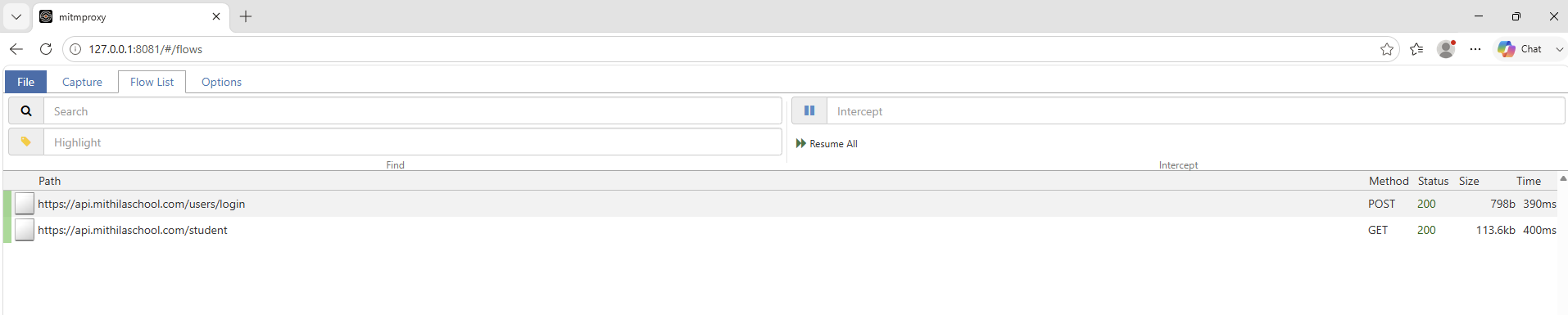 mitmproxy flow list showing two decrypted Postmate requests to the target API and nothing else