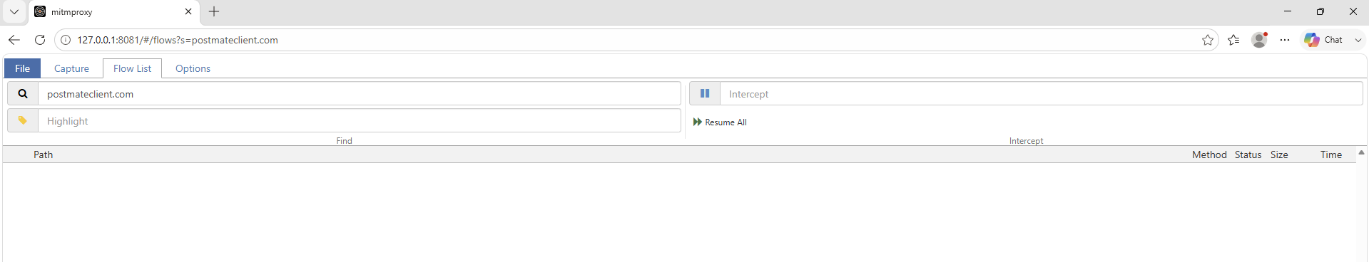 mitmproxy flow list filtered for postmateclient.com, showing no matching flows