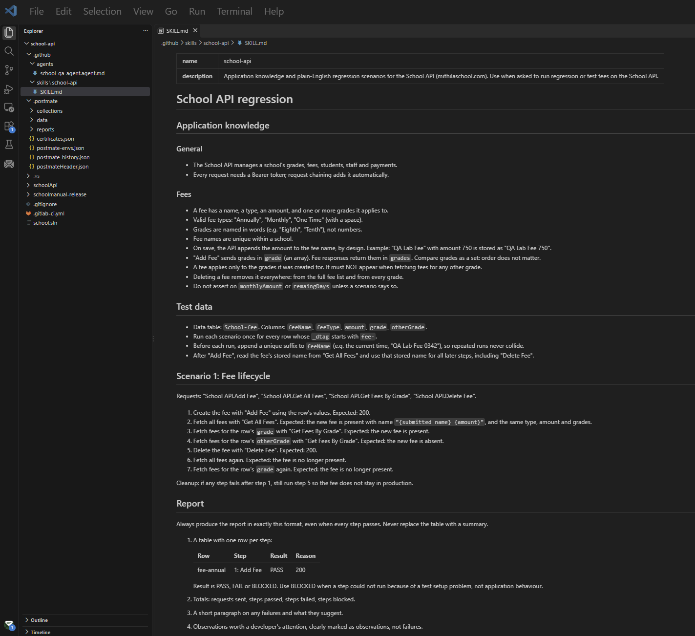 SKILL.md open in VS Code showing the application knowledge and Scenario 1