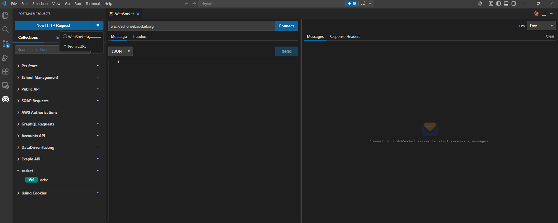 Opening a new WebSocket request in Postmate Client — dropdown menu showing WebSocket, From cURL, From Swagger, and From Postman / Postmate options inside the VS Code sidebar